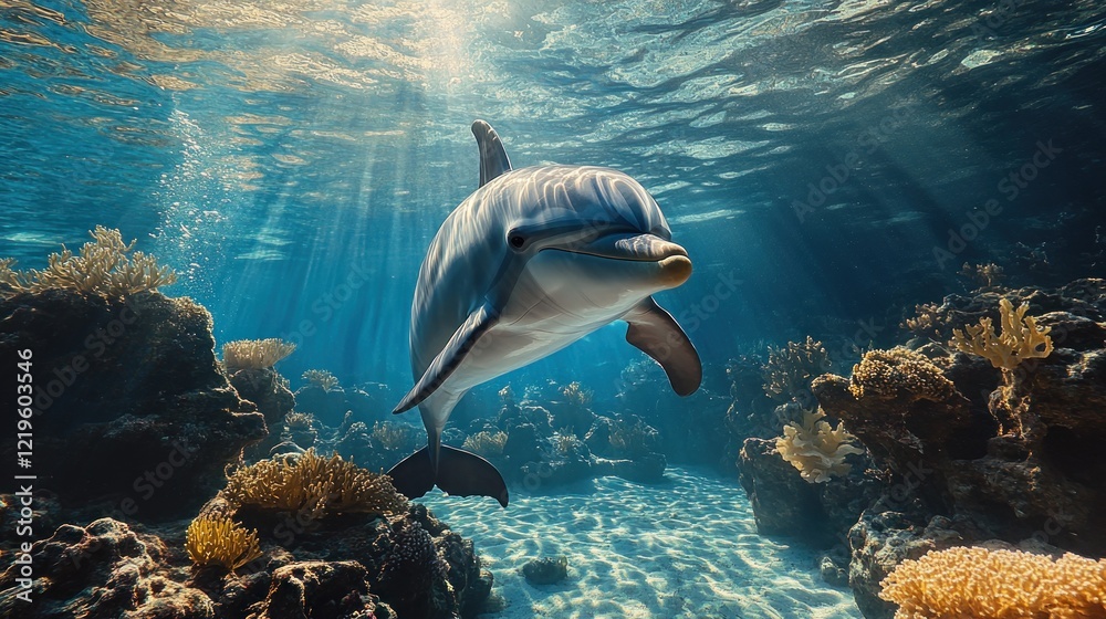 Fototapeta premium Dolphin swimming in sunlit coral reef.