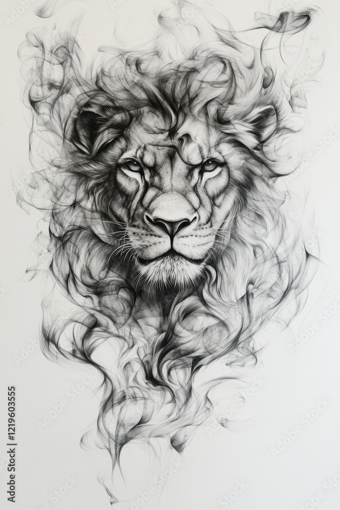 Obraz premium a black and white drawing of a lion's head with smoke coming out of it, set against a white background