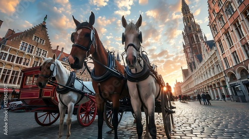 Horse-drawn carriage in the old town of Bruges, Belgium