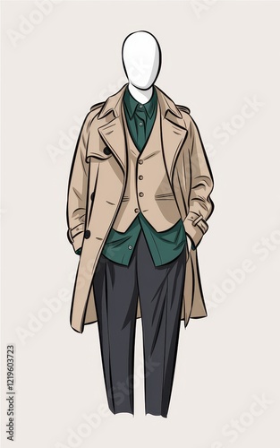 Wallpaper Mural Stylish Men's Fashion Illustration: Beige Trench Coat, Green Vest, and Dark Trousers Torontodigital.ca