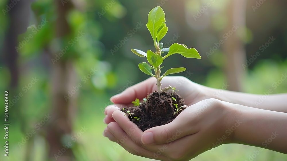 Hands holding green seedling growing in soil on blurred nature background