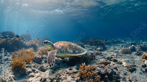 Sea turtle swims coral reef, sunlit ocean.  Ocean wildlife background, nature