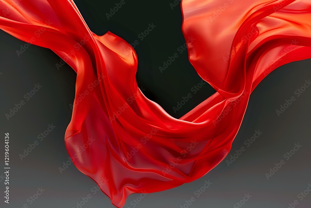 Dynamic red silk fabric floating in air against dark background, creating elegant waves and curves perfect for luxury fashion and beauty advertising designs. Dynamic red silk fabric floating in air against dark background, creating elegant waves and curves perfect for luxury fashion and beauty advertising designs.