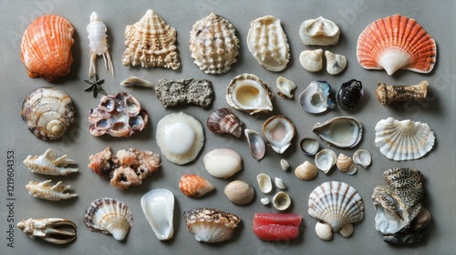 Seashell Collection Diverse ocean shells arranged on a gray background. Ideal for beach, ocean, nature themes