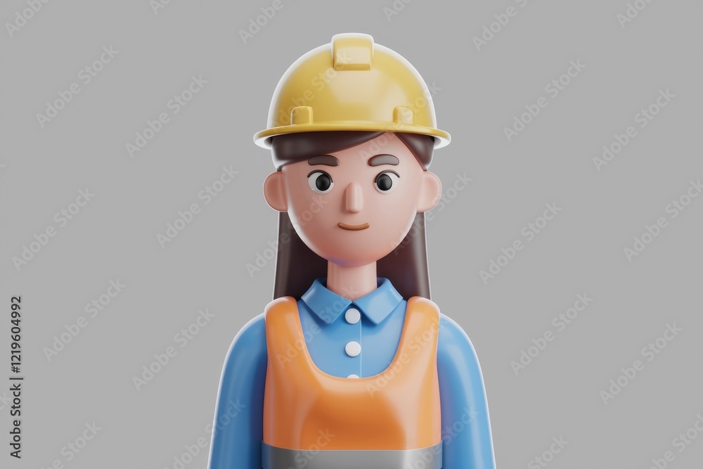 A 3D cartoon illustration of a female construction worker wearing a hard hat and safety vest. A 3D cartoon illustration of a female construction worker wearing a hard hat and safety vest.