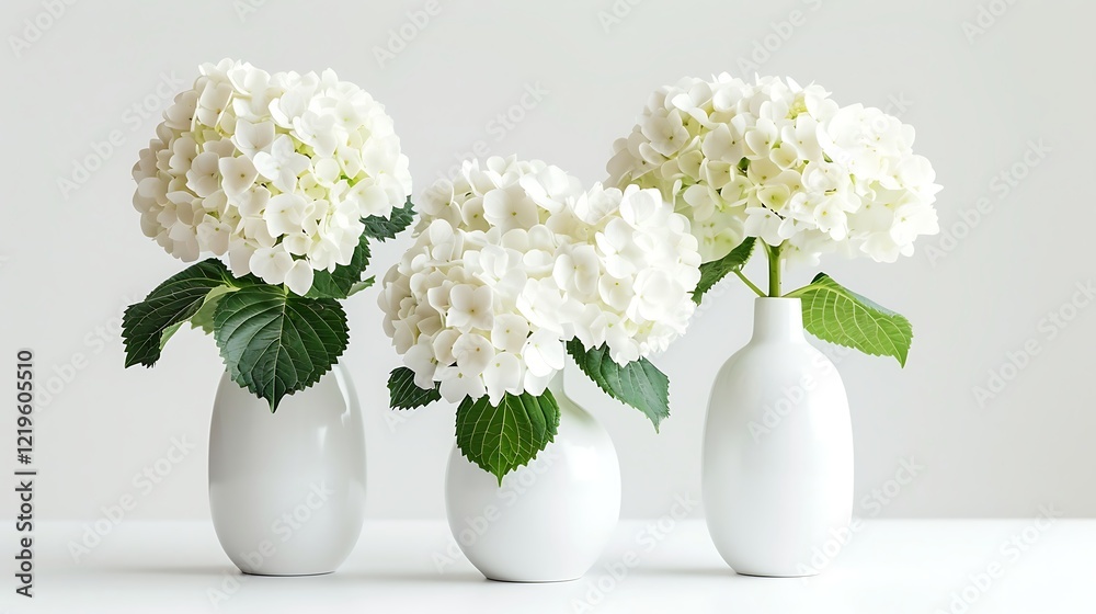 White hydrangea flowers in vases isolated on white background White hydrangea flowers in vases isolated on white background