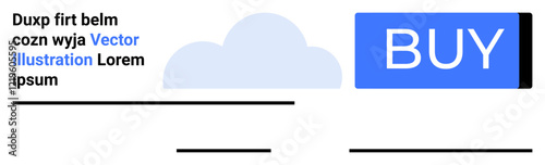 Large blue BUY button, cloud graphic, placeholder text in black and blue font, minimalist layout, horizontal lines, whitespace, and simplistic design. Ideal for e-commerce, web design inspiration