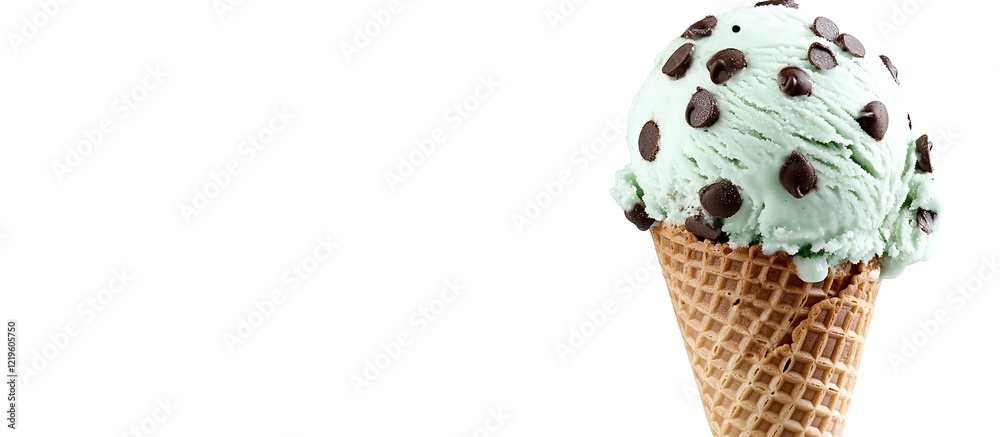 Mint chocolate chip ice cream in cone isolated on white background with clipping path, closeup view. Mint chocolate chip ice cream in cone isolated on white background with clipping path, closeup view.