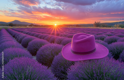 Blurred lavender fields at sunset with purple hat on blooming flowers. Lavender fields landscape during sunset, purple blooms under a colorful sky with s pink hat lying on flowers, selective focus photo