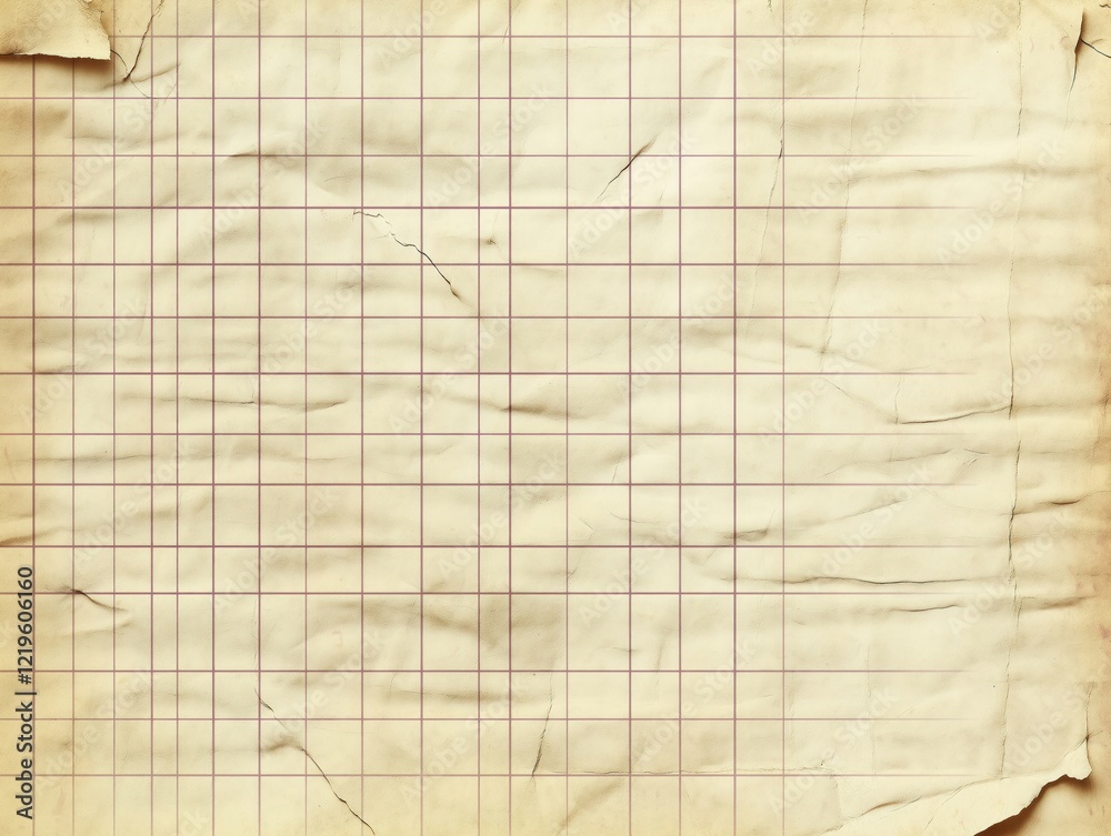 Fototapeta premium Vintage paper texture background with grid pattern. Aged paper with soft creases, stains. Rustic, retro design. Perfect for scrapbook, journaling, design projects. Old paper gives rustic vibe, ideal