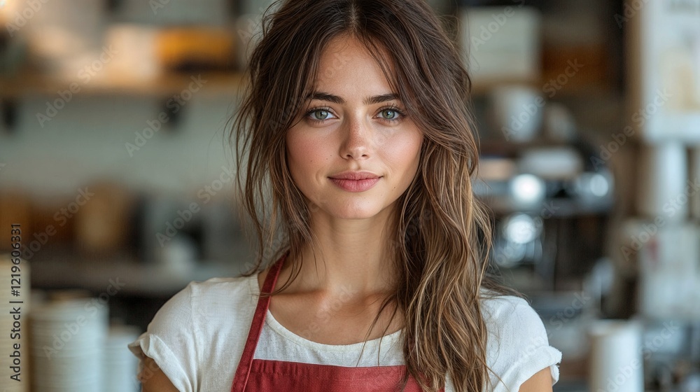 Friendly waitress in red apron at coffee shop. Friendly waitress in red apron at coffee shop.