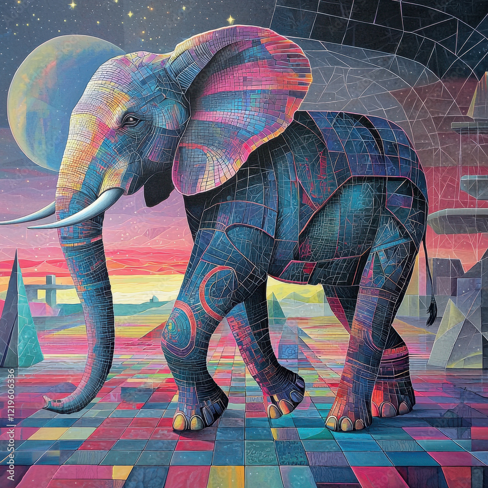 Obraz premium Vivid abstract artwork of a colorful elephant in a dreamlike futuristic landscape