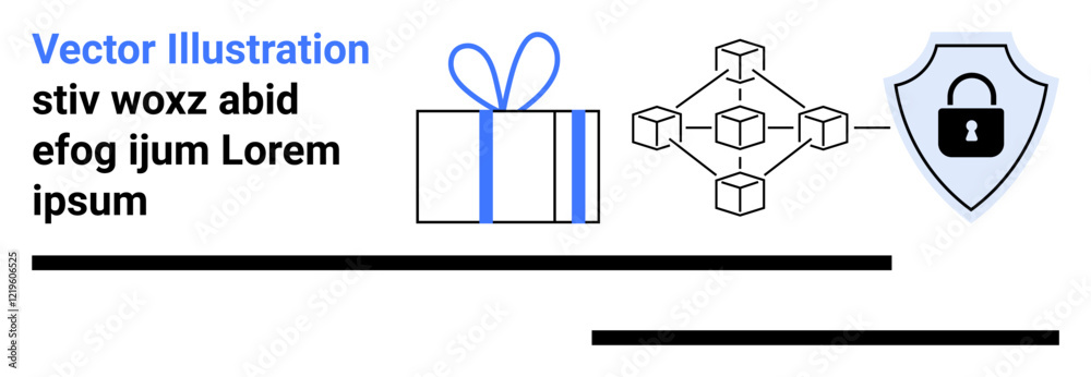Gift box with blue ribbon, blockchain network diagram, and shield with lock icon symbolizing security. Ideal for blockchain transactions, data privacy, secure gift services, IT security Gift box with blue ribbon, blockchain network diagram, and shield with lock icon symbolizing security. Ideal for blockchain transactions, data privacy, secure gift services, IT security