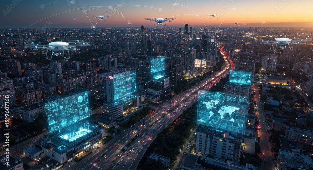 Obraz premium Futuristic smart city with drone technology and digital connectivity at sunset