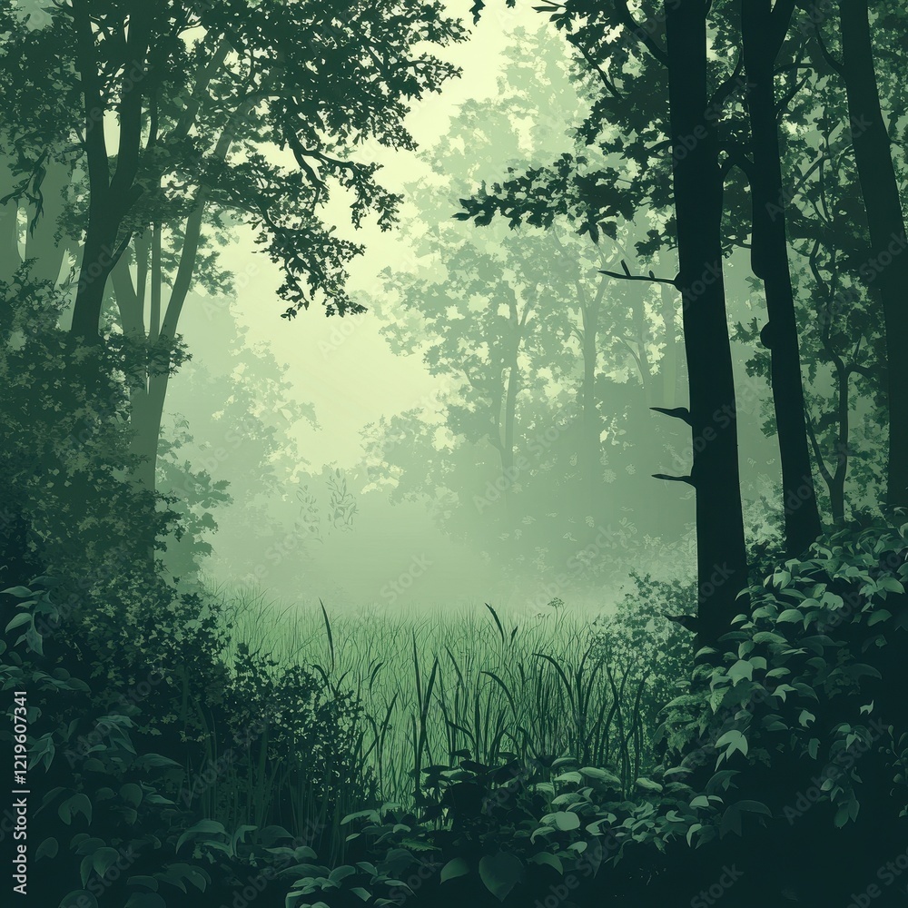 Fototapeta Misty Green Forest Scene With Tall Trees and Grass