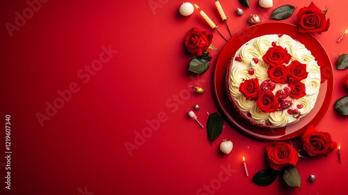 Obraz na płótnie romantic birthday flat lay with red roses, a heart-shaped cake, and candles on a soft red background with space for text w salonie