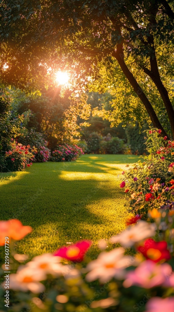 Obraz premium Serene garden at sunset with colorful flowers and warm golden light