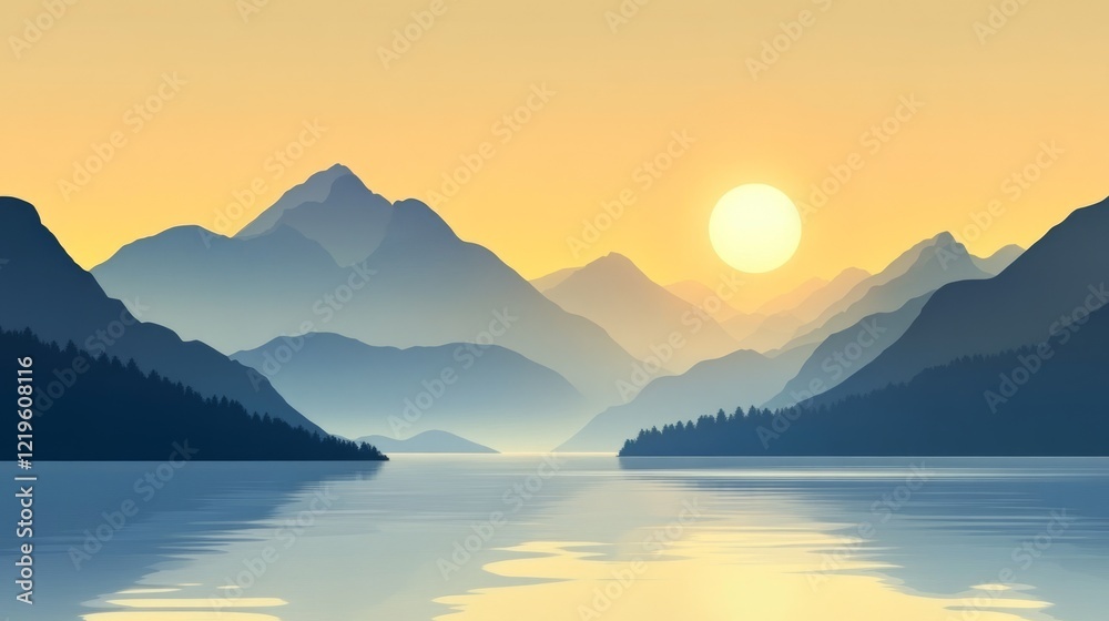 Fototapeta premium Serene sunset over tranquil lake and mountains; peaceful landscape for travel brochures