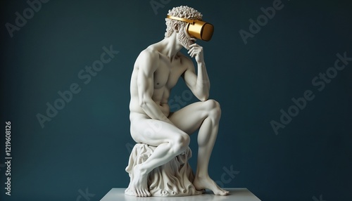 A neo-classical sculpture depicting a human figure contemplating while wearing a futuristic VR headset, blending traditional art with modern technology.

 photo