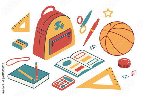 Colorful school supplies, backpacks, stationery items, pencils, pens, rulers, notebooks, calculator, globe, paintbrush, scissors, glue, basketball, protractor, paper clips, erasers, highlighters, art 