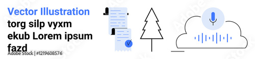 Three digital document icons, pine tree, cloud with microphone. Ideal for content creation, document management, transcription services, environmental conservation, cloud services, digital platforms