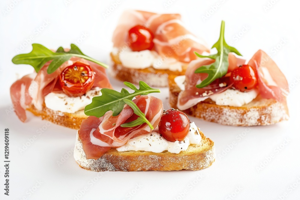 Mini bruschetta appetizers display. Slices of toasted bread topped with fresh mozzarella cheese prosciutto, cherry tomatoes. Arugula adds fresh green color. Perfect for restaurant menu appetizer Mini bruschetta appetizers display. Slices of toasted bread topped with fresh mozzarella cheese prosciutto, cherry tomatoes. Arugula adds fresh green color. Perfect for restaurant menu appetizer