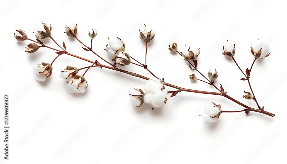 Cotton branch isolated on white background. Flat lay, top view.