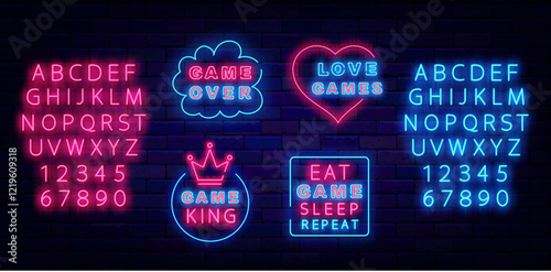 Game neon emblems collection. VR games. Eat, sleep, game and repeat. Vector stock illustration