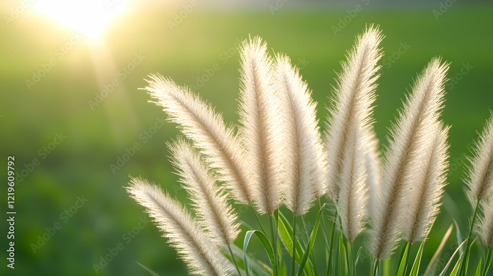 A serene close-up of pampas grass illuminated by warm sunlight, showcasing its soft, feathery plumes against a vibrant green backdrop. Nature's beauty in full bloom. A serene close-up of pampas grass illuminated by warm sunlight, showcasing its soft, feathery plumes against a vibrant green backdrop. Nature's beauty in full bloom.