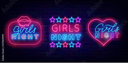 Ladies only neon emblems collection. Girls night signs. Free enter for female. Vector stock illustration