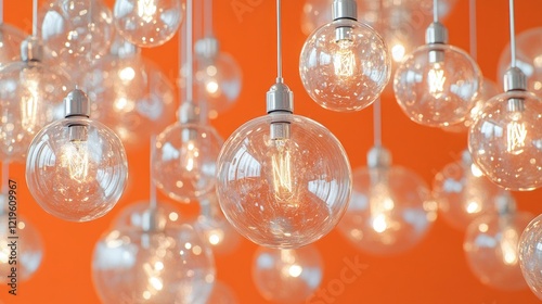 Glowing bulbs hang against an orange wall. photo