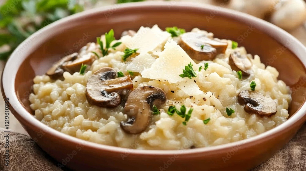 Image of rice and mushroom risotto with Parmesan cheese and parsley in a creamy ceramic dish, emphasizing rich and creamy texture. Ideal for Italian cuisine and comfort food. Image of rice and mushroom risotto with Parmesan cheese and parsley in a creamy ceramic dish, emphasizing rich and creamy texture. Ideal for Italian cuisine and comfort food.