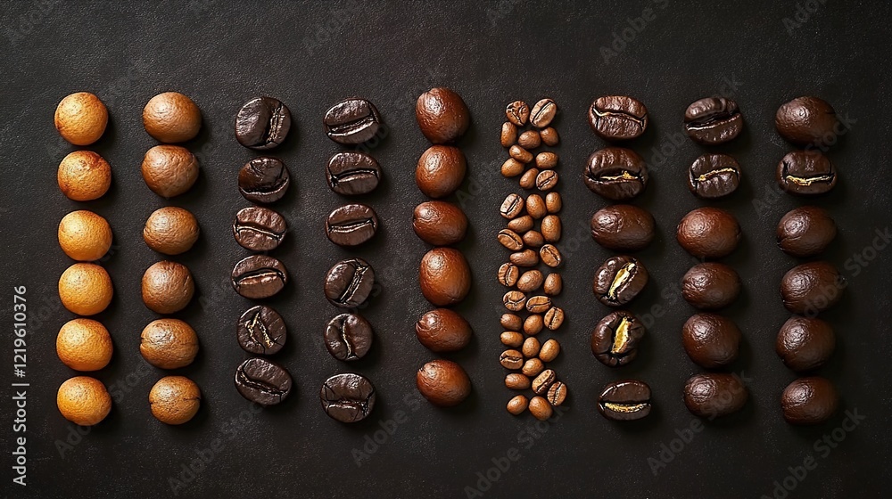 A variety of coffee beans arranged in rows on a dark background, showcasing the different colors and shapes of roasting stages from green to black coffee A variety of coffee beans arranged in rows on a dark background, showcasing the different colors and shapes of roasting stages from green to black coffee