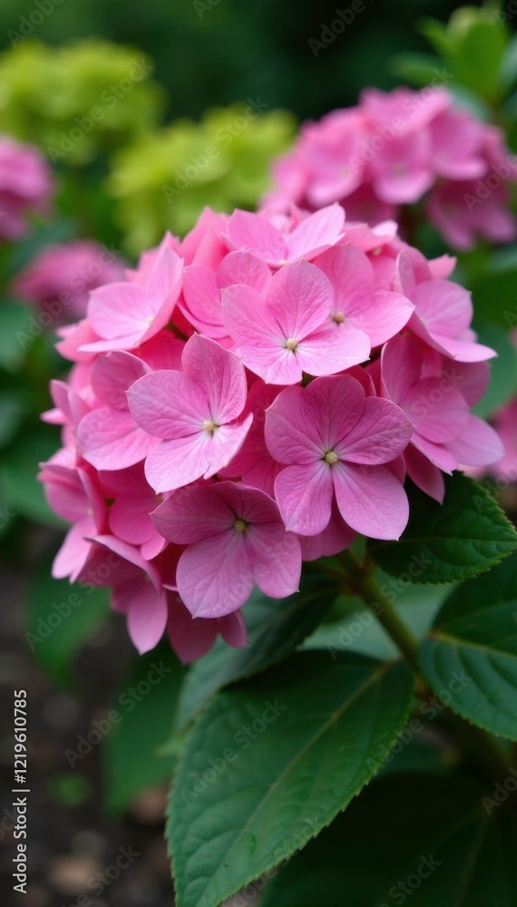 Large pink hydrangea flowers blooming in a garden, florescence, flower, garden Large pink hydrangea flowers blooming in a garden, florescence, flower, garden