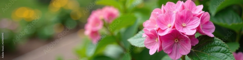 Large pink hydrangea flowers blooming in a garden, garden, plant Large pink hydrangea flowers blooming in a garden, garden, plant