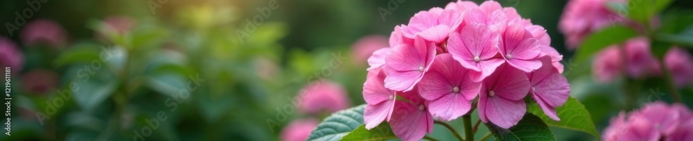 Large pink hydrangea flowers blooming in a garden, greenery, florescence, winter Large pink hydrangea flowers blooming in a garden, greenery, florescence, winter