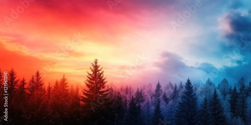 Vibrant sunrise over misty forest with pine trees and colorful sky