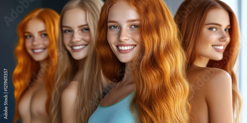 Portrait of young caucasian females with long hair smiling