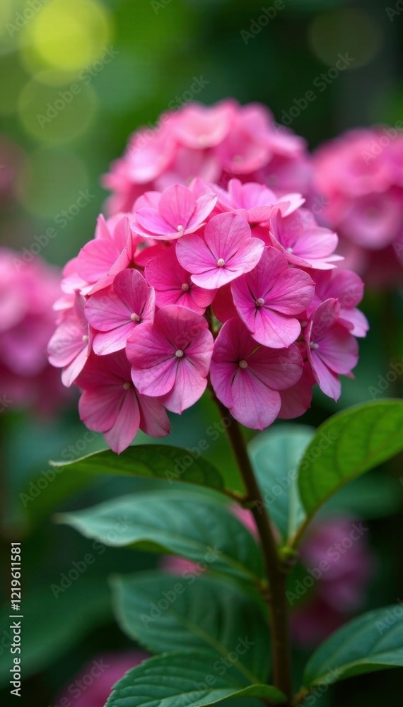 Large pink hydrangea flowers blooming in a garden, plant, botanical Large pink hydrangea flowers blooming in a garden, plant, botanical
