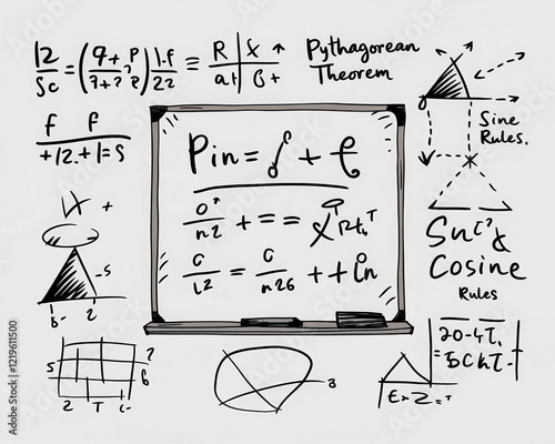 Handwritten Mathematical Formulas and Equations on a Whiteboard