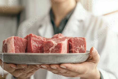 Scientist in a lab coat holding a plate of raw steak. Concept of lab grown meat. photo