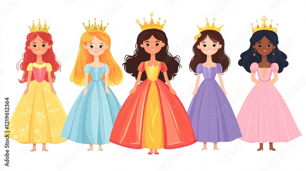 Six Princesses Cartoon Characters Wearing Crowns Dive Six Princesses Cartoon Characters Wearing Crowns Dive