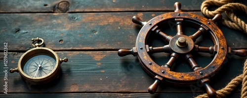 Old weathered ship wheel, nautical rope, compass, antique brass spyglass , retro, details