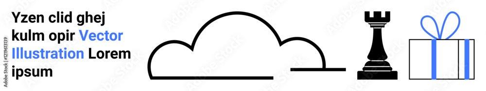 Line-drawn cloud, black chess rook, and blue-white gift box with ribbon. Ideal for strategy, weather, data storage, gift giving, celebrations planning security and rewards. Landing page