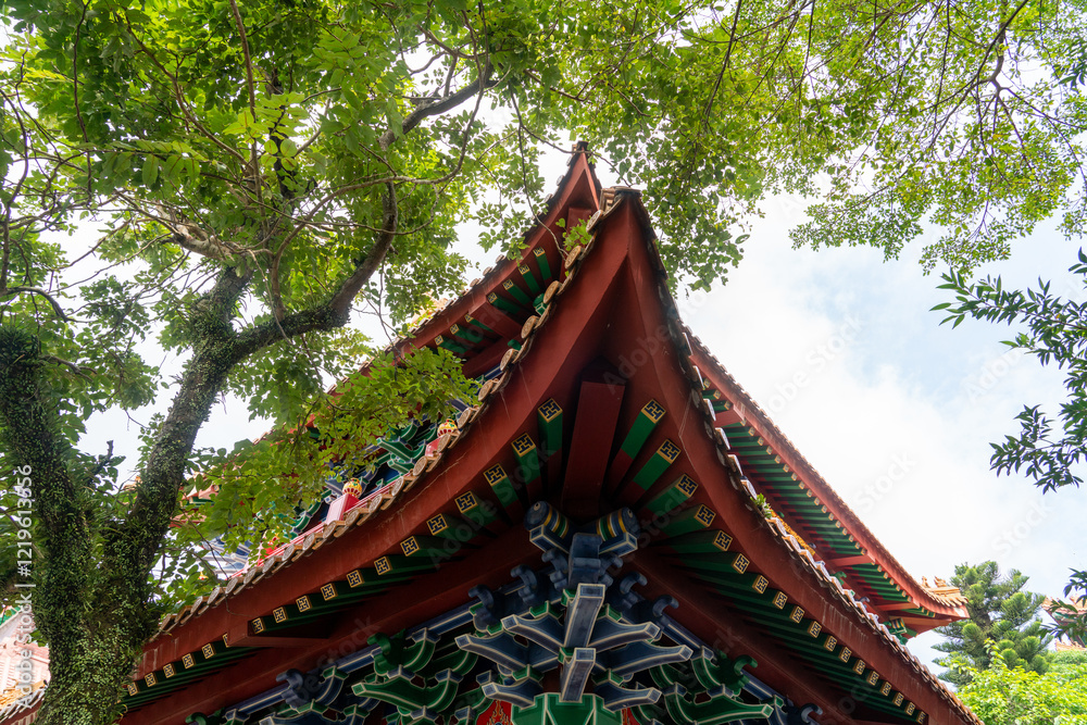 Close up view of the architecture of the Po Lin Monastery in Hong Kong Close up view of the architecture of the Po Lin Monastery in Hong Kong