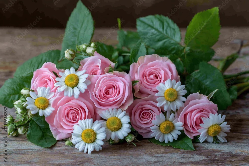 Pink roses and daisies bouquet on wood. Pink roses and daisies bouquet on wood.