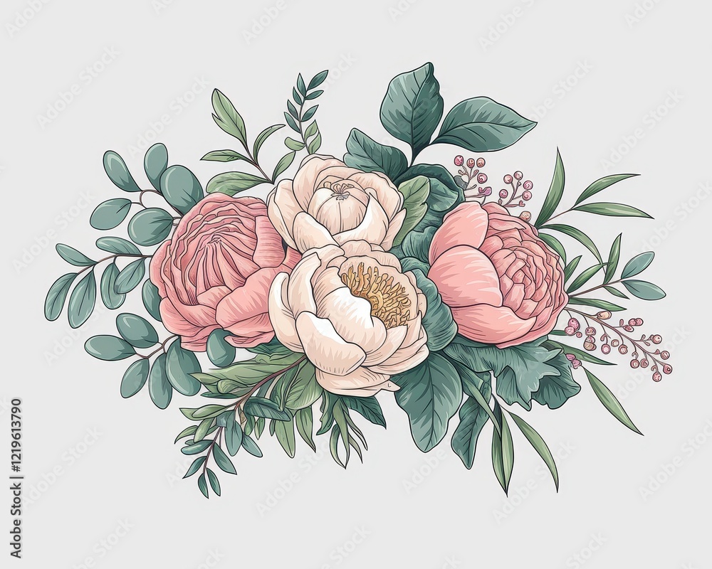 Fototapeta premium Elegant Floral Bouquet Illustration: Delicate Peonies and Greenery