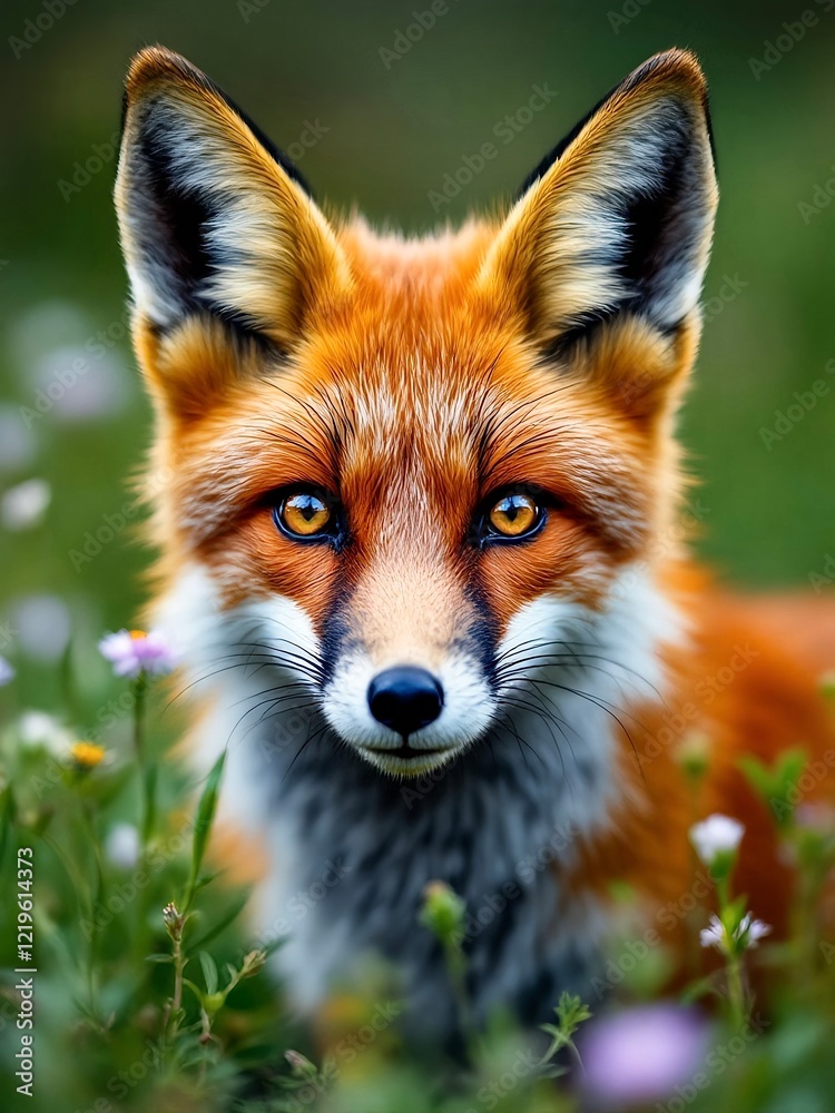Wild red fox with pointy ears and intense orange eyes hiding in the grass and flowers, enjoying the nature and looking straight at the observer