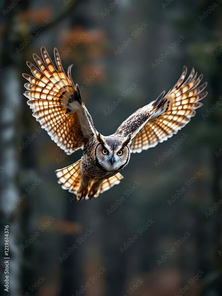 Obraz premium Hawk owl in flight. Pineapple - a symbol of hospitality