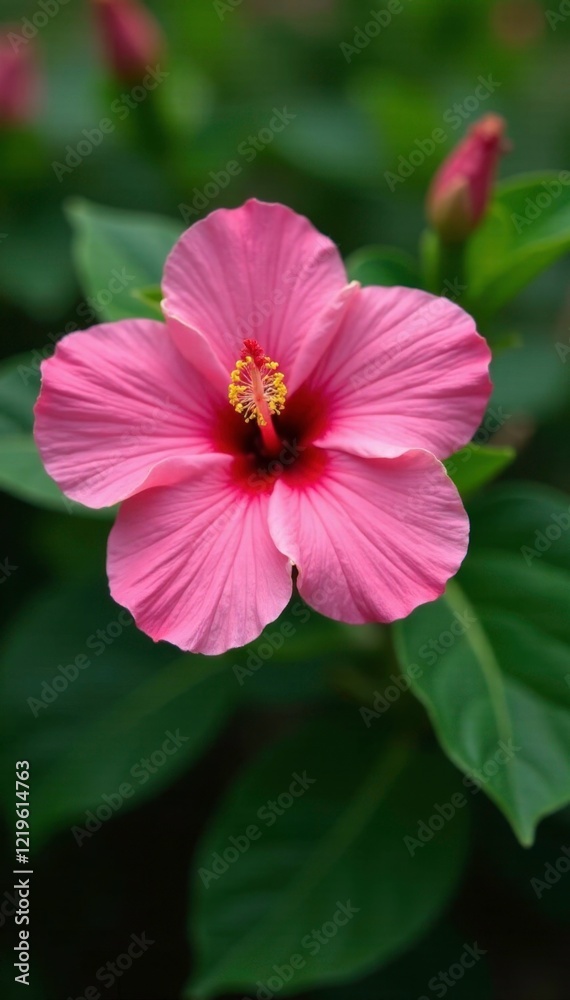 Large pink petals unfolding from green stem on hibiscus bush, pink, hibiscus, bush Large pink petals unfolding from green stem on hibiscus bush, pink, hibiscus, bush